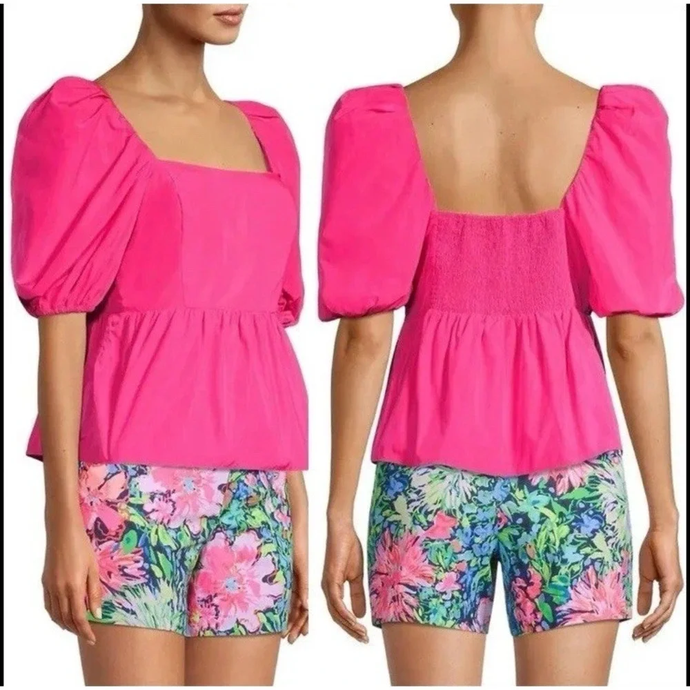 NEW Lilly Pulitzer Tiana Square Neck Puff-Sleeve Pink Grenadine Smocked Blouse 6